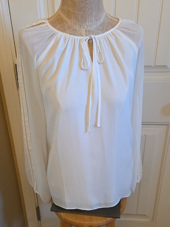 White House Black Market Tops - NWT White House Black Market White Tie-neck Sheer Sleeve Blouse